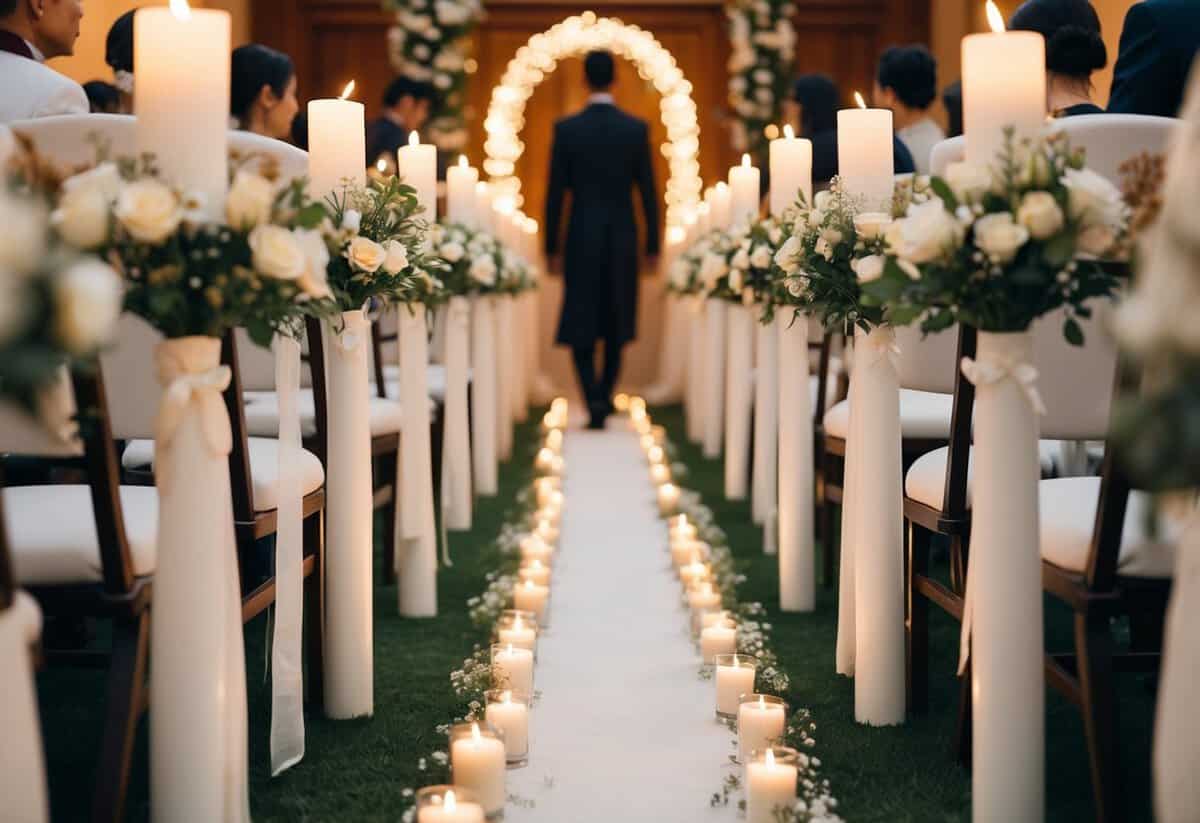 A lone figure walks down a flower-lined aisle, surrounded by the soft glow of candlelight and the gentle rustle of traditional music