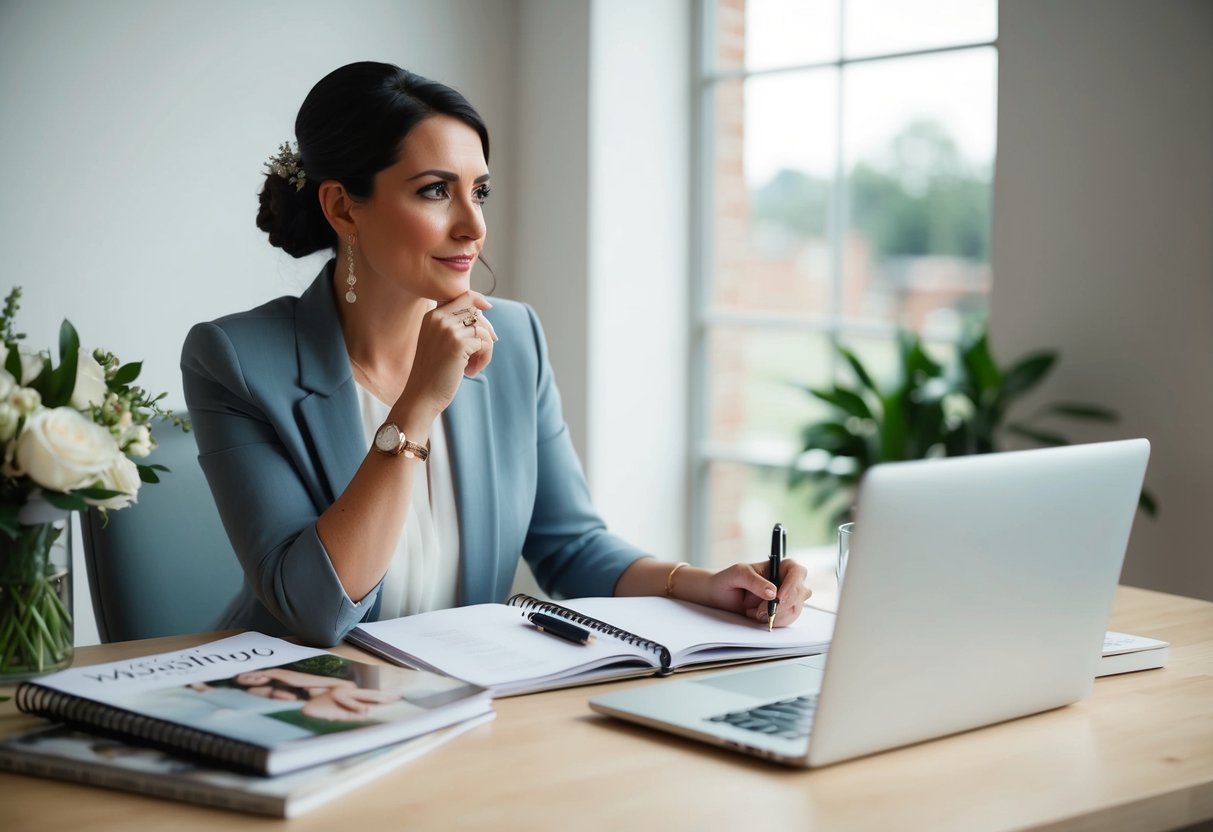 A wedding planner sitting at a desk with a notebook and pen, surrounded by wedding magazines and a laptop, deep in thought