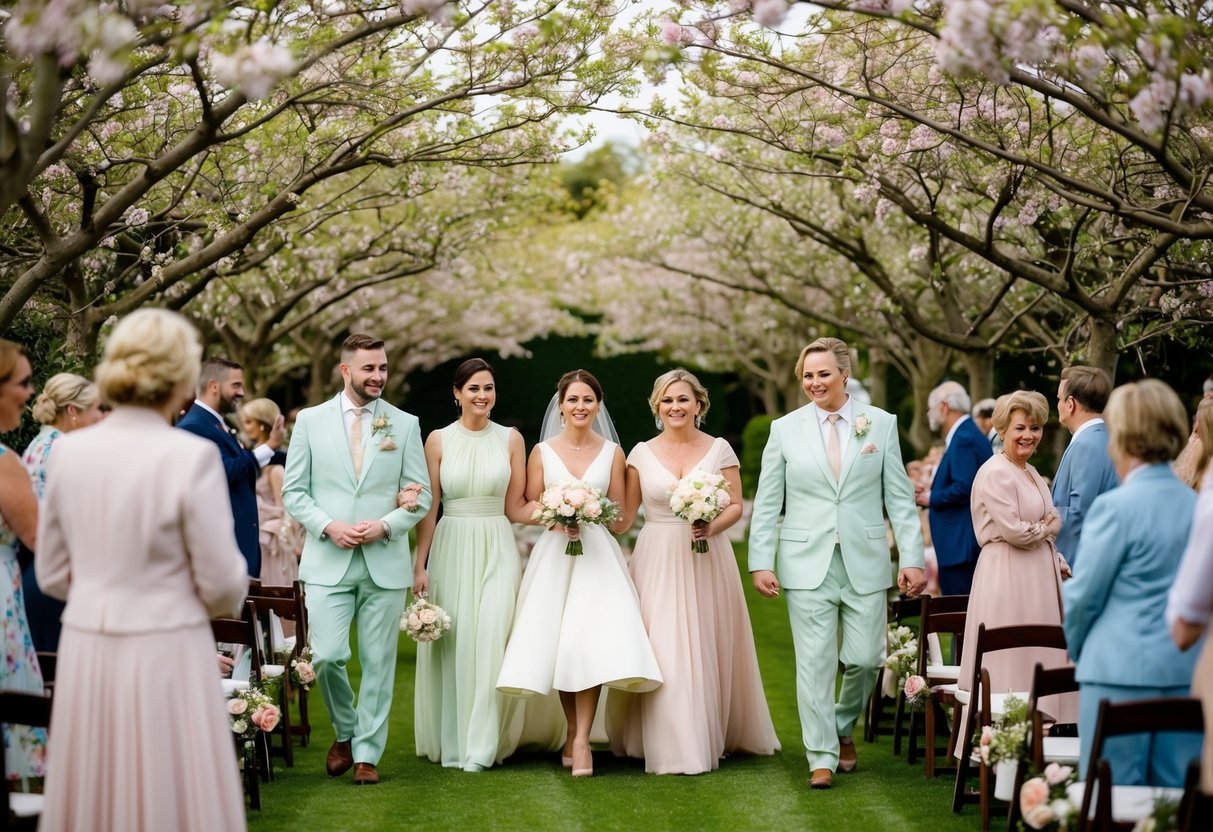 A garden wedding at 4pm: guests in pastel dresses and light suits, with floral accessories, under a canopy of blooming trees