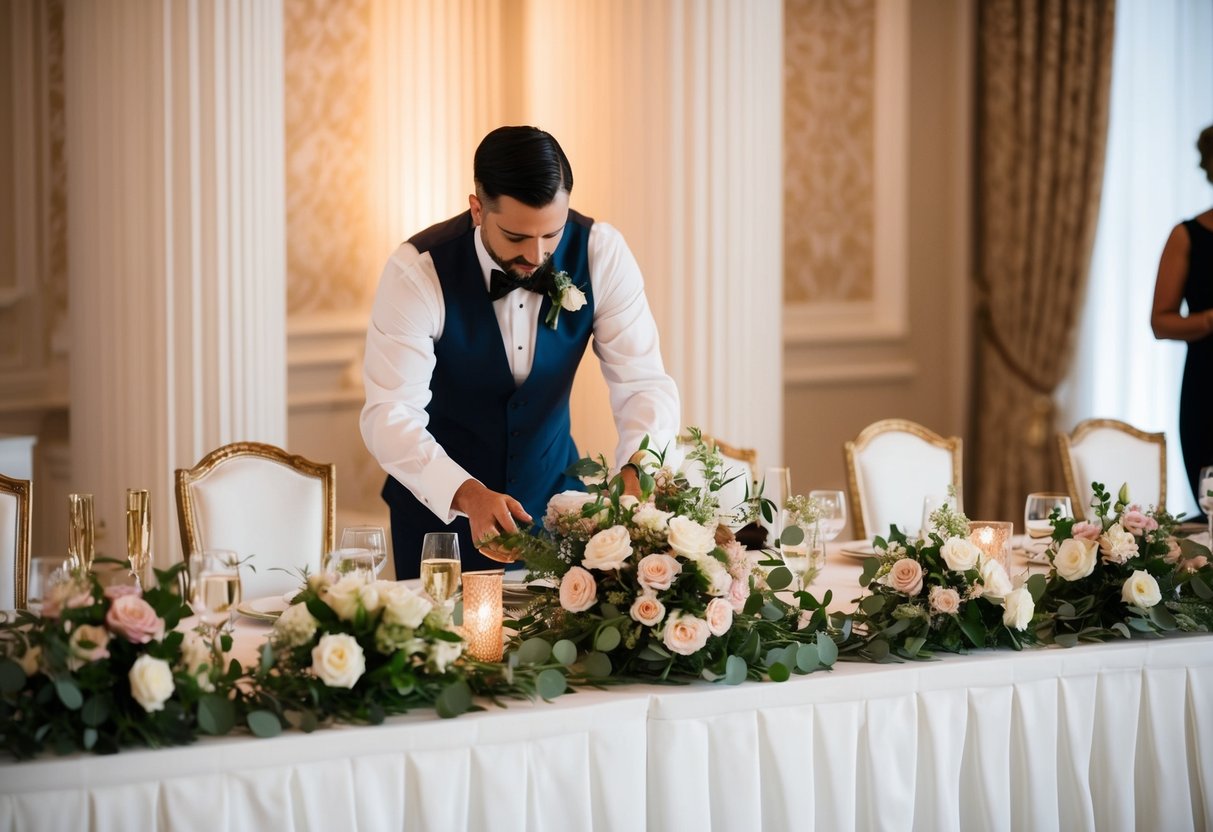 A wedding architect carefully arranges flowers and decor on a grand reception table