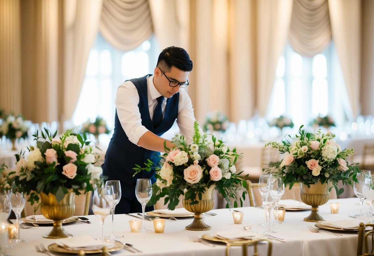 A wedding architect carefully arranges floral centerpieces on a grand banquet table, ensuring each detail is perfect for the big day