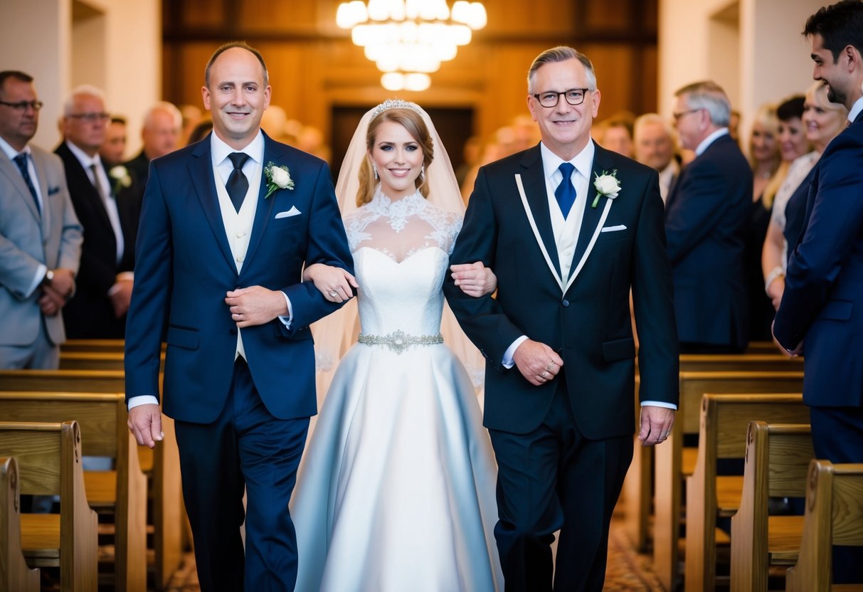 A figure escorts another in formal attire down an aisle