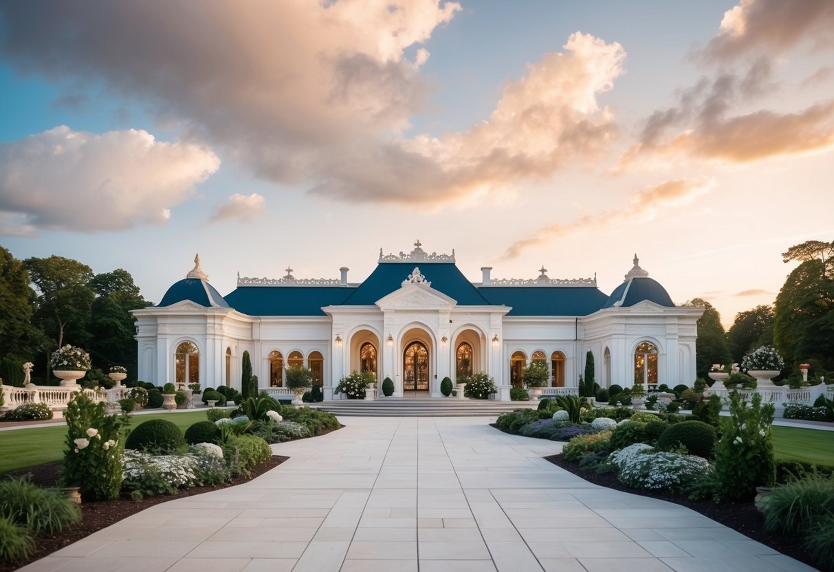A grand wedding venue with elegant architecture and luxurious design, featuring ornate details and beautiful landscaping