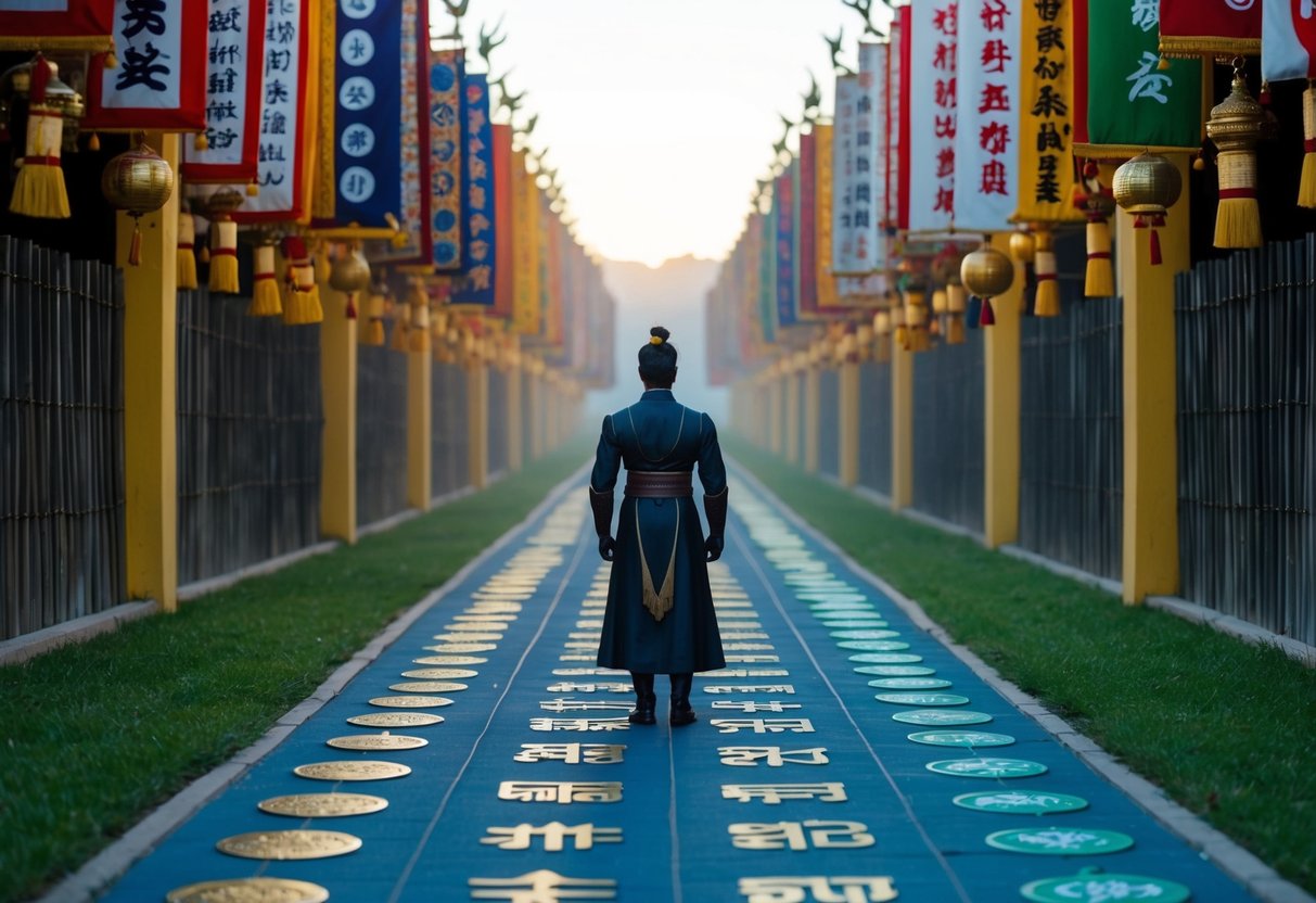 A figure stands at the center, flanked by two paths. One path is lined with traditional symbols, while the other is filled with unique variations