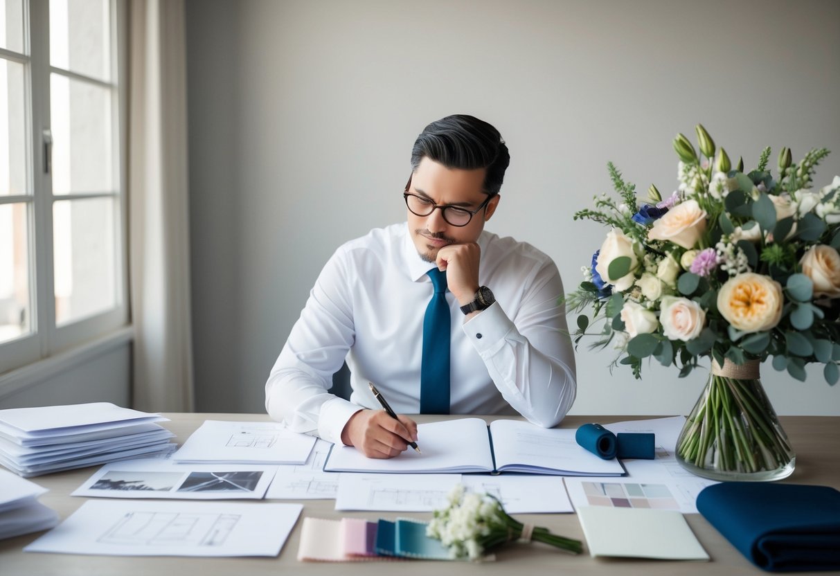 A wedding architect sits at a desk surrounded by sketches, fabric swatches, and floral arrangements. They are deep in thought, carefully planning and budgeting for a dream wedding