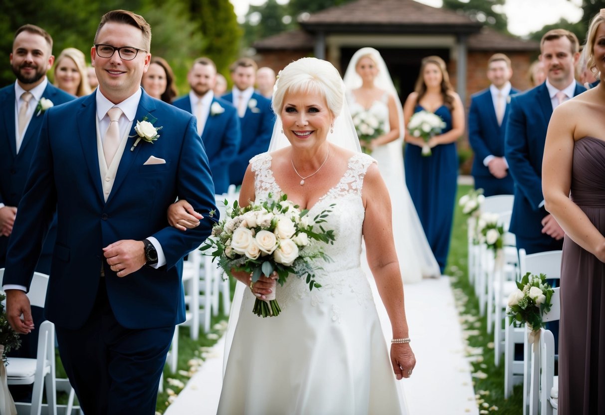The mother of the groom is escorted down the aisle by a close family member or usher, following behind the bridal party and before the bride