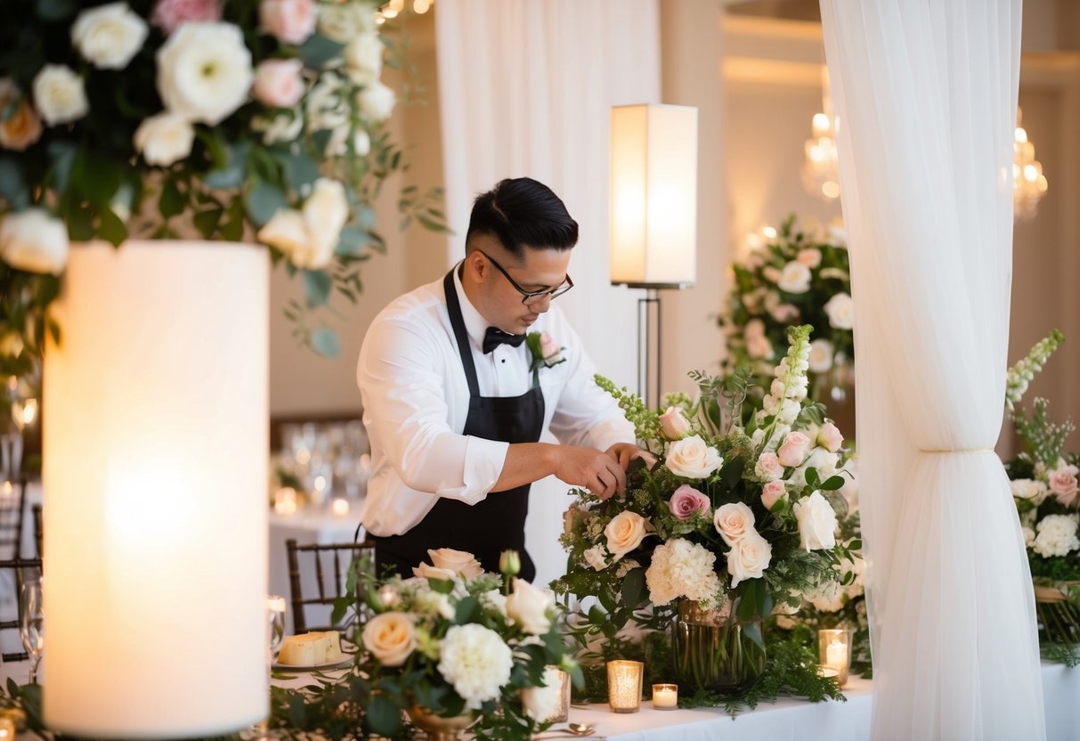A wedding architect carefully arranging flowers, lighting, and decor to create a romantic and elegant atmosphere for the celebration