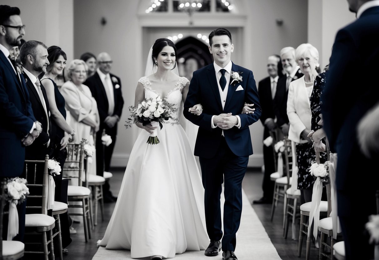 A woman and a man walk arm in arm, the woman in an elegant dress and the man in a suit, as they escort the mother of the groom down the aisle