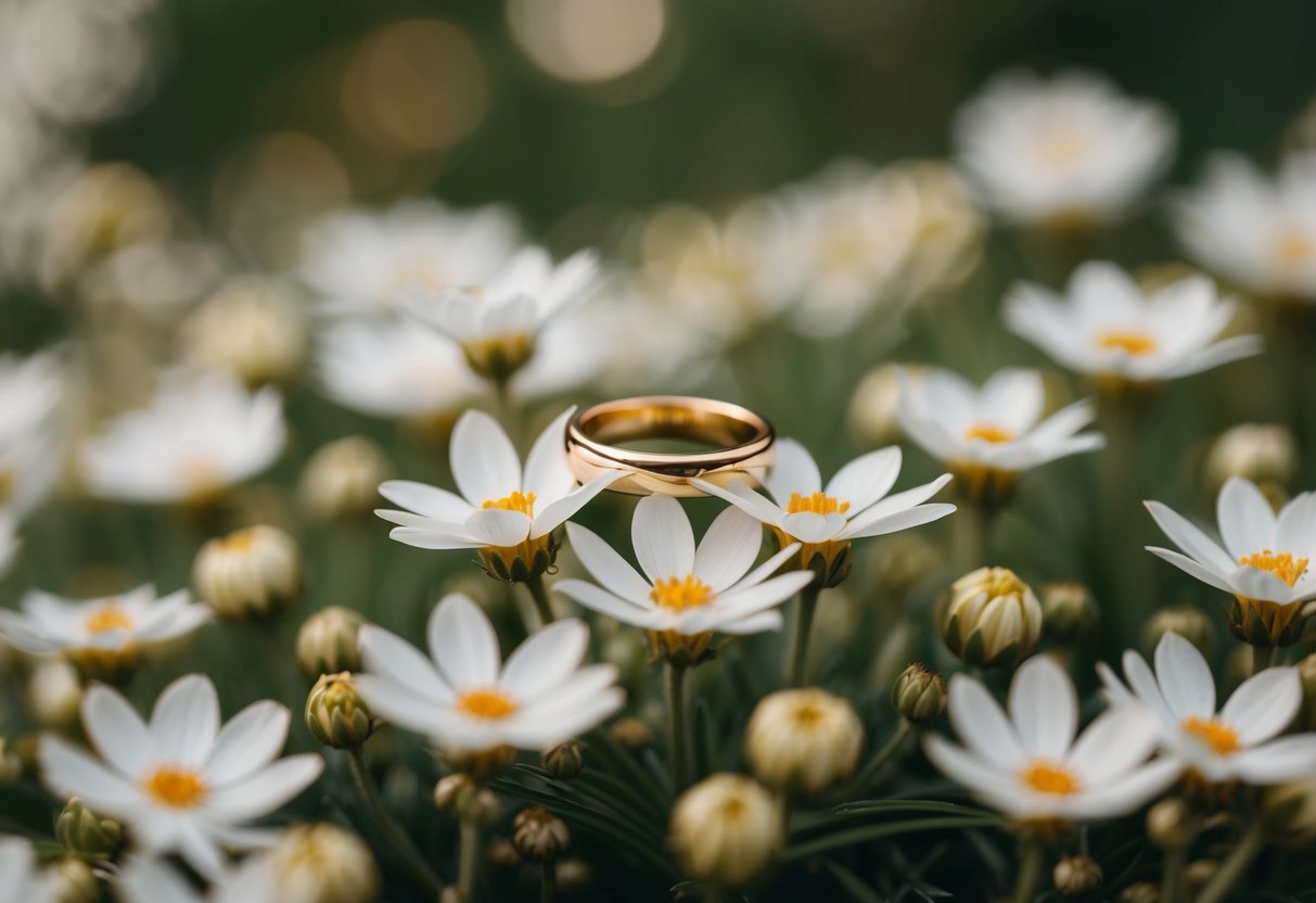 A small, golden ring rests on a bed of delicate white flowers