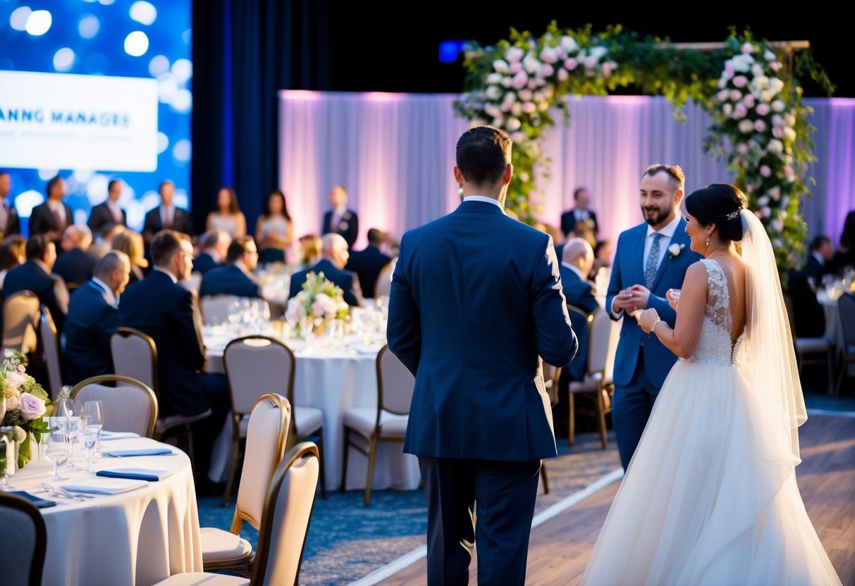 An event manager oversees a corporate conference with tables, chairs, and a stage. A wedding planner coordinates a romantic outdoor ceremony with flowers, an arch, and a dance floor