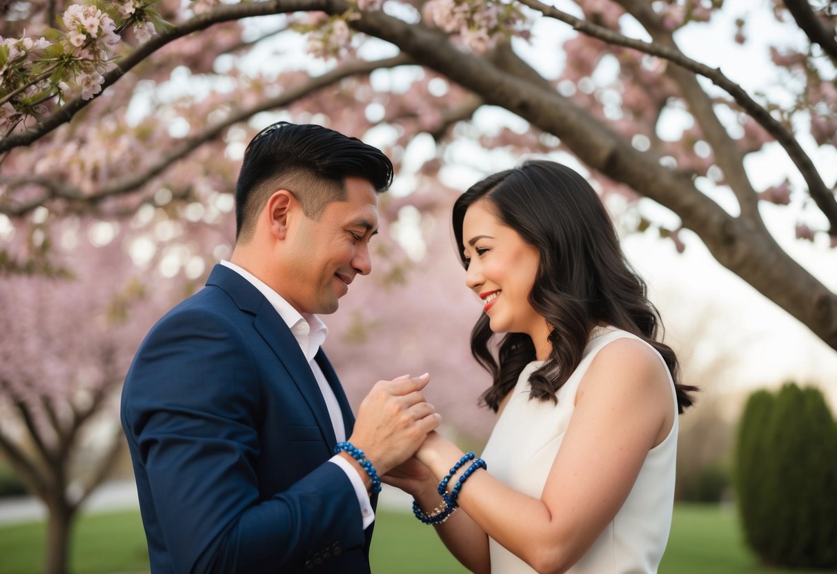 A couple exchanging matching bracelets under a blooming tree