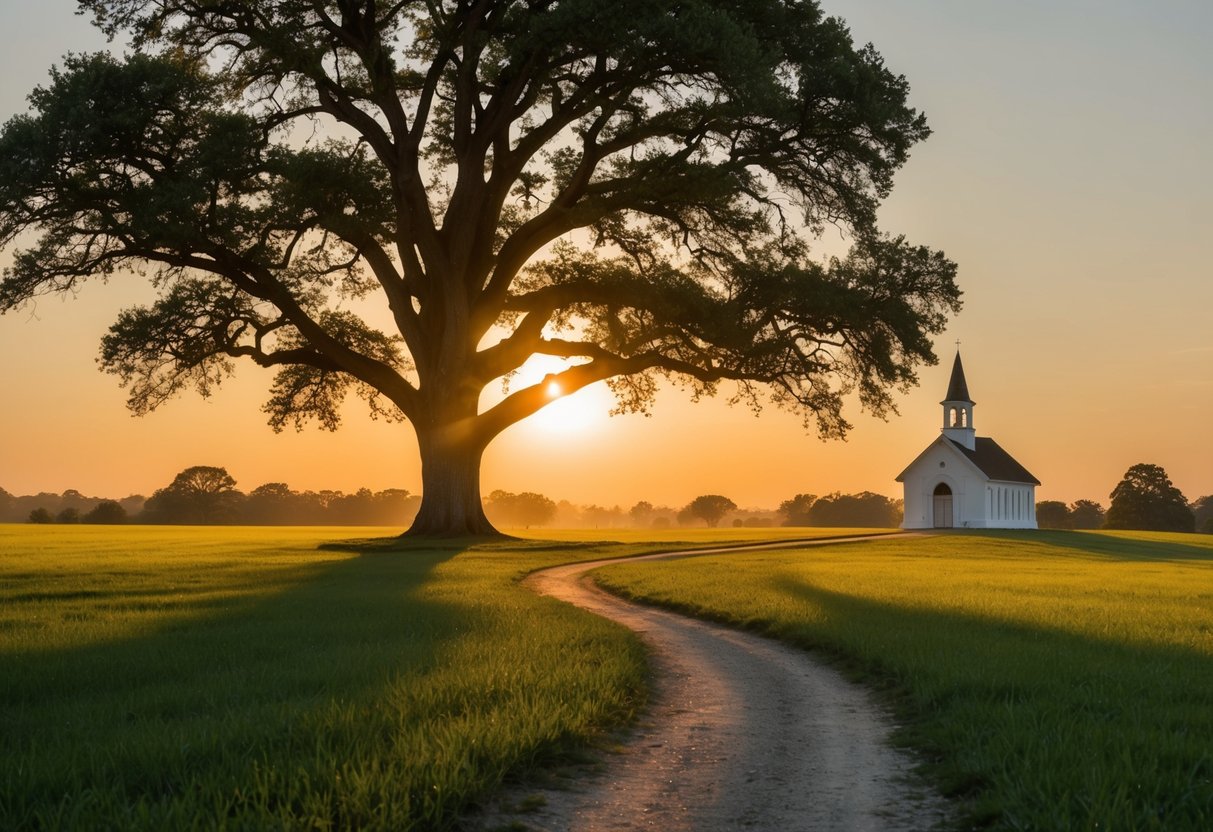 A sun setting behind a grand oak tree, casting a warm glow over a serene meadow with a winding path leading to a charming chapel