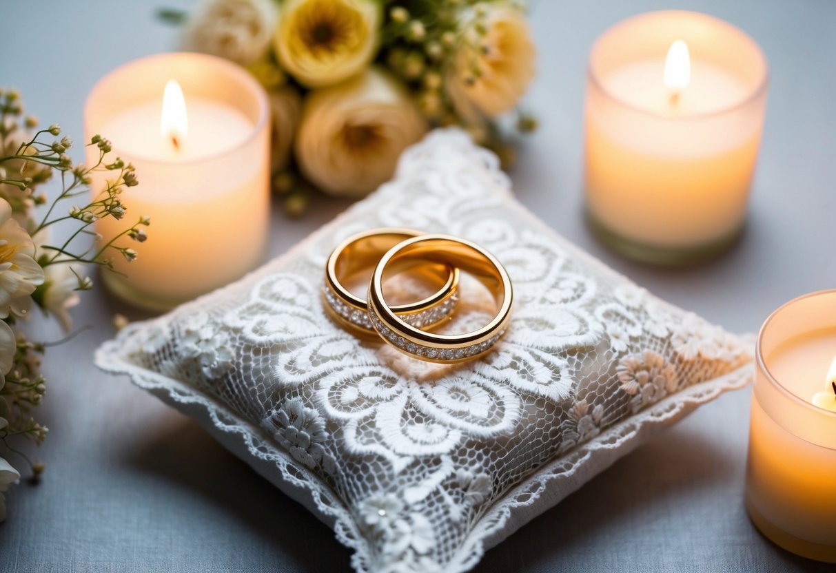 A wedding scene with two intertwined gold rings on a white lace pillow, surrounded by delicate flowers and soft candlelight