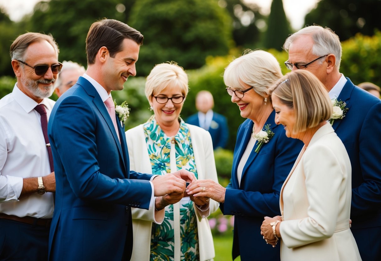 A couple exchanging rings in a garden, surrounded by close friends and family