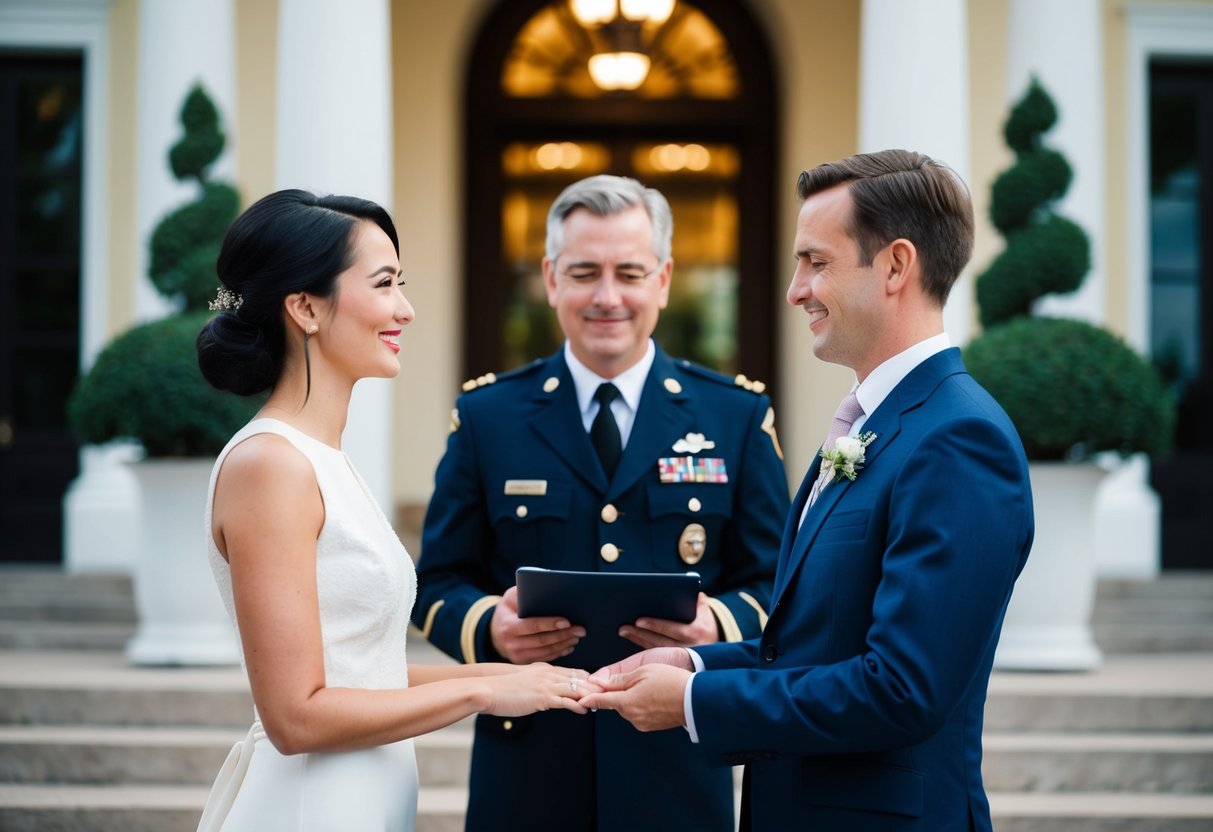 A couple standing in front of a government official, exchanging vows without a ceremony