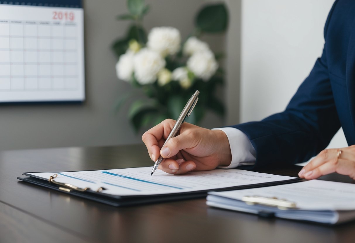 A person sitting at a desk, filling out a form with a pen, with a wedding ring on their finger. A calendar on the wall shows the current date
