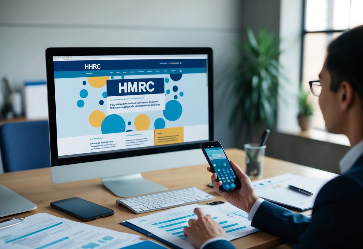 A person sitting at a desk with a phone in hand, surrounded by paperwork and a computer screen displaying the HMRC website
