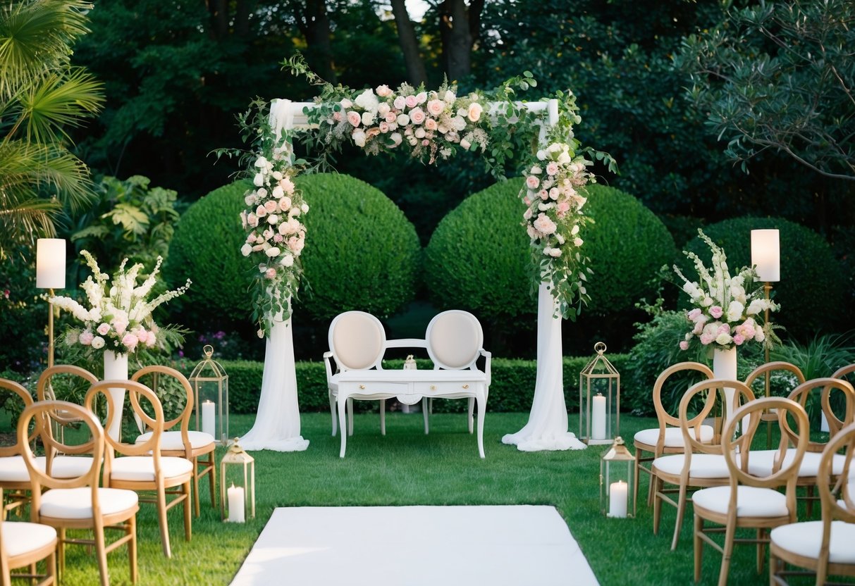 A wedding ceremony in a lush garden with a mix of traditional and non-traditional elements, including a floral arch, vintage furniture, and modern lighting