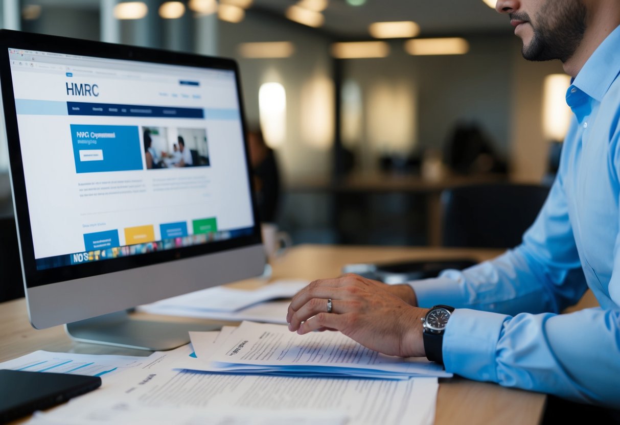 A person sitting at a desk surrounded by paperwork, with a computer screen displaying the HMRC website and a wedding ring visible on their finger