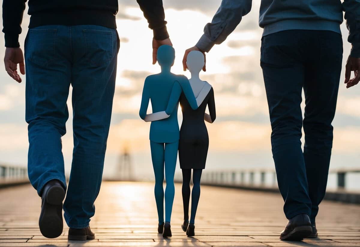 A figure supports another figure as they walk together