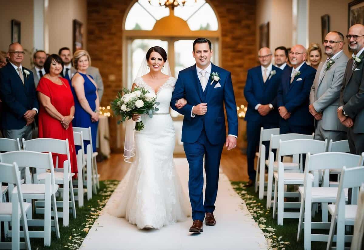 The groom leads his mother down the aisle, symbolizing her support and guidance throughout his life