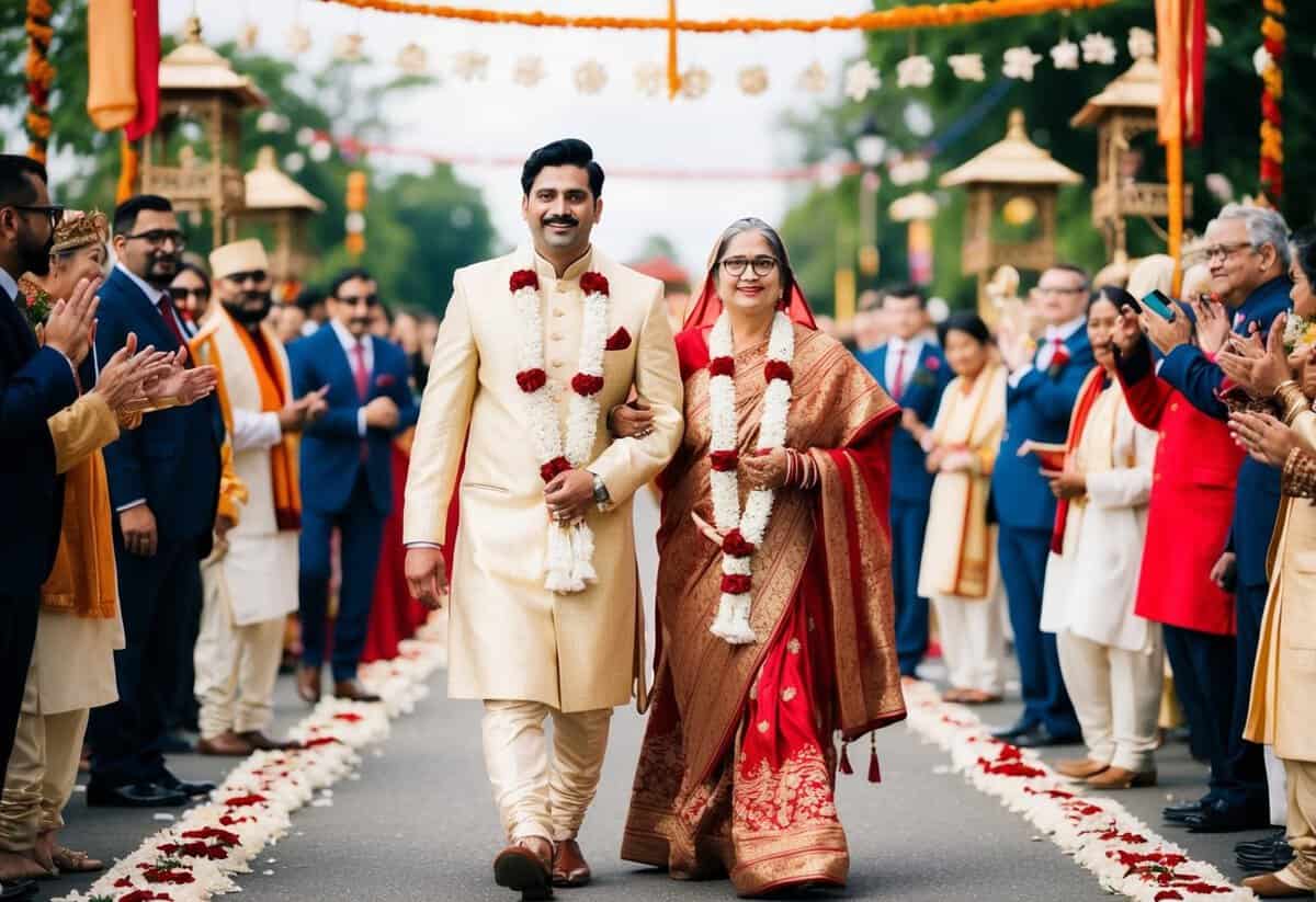 A groom and his mother walk together in a wedding procession, surrounded by traditional cultural elements and symbols