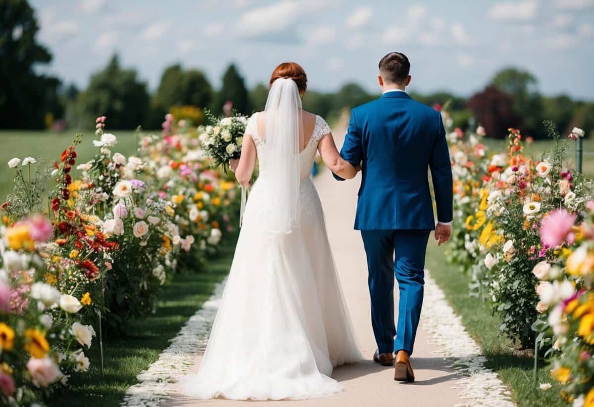 A groom leads his mother down a flower-lined path