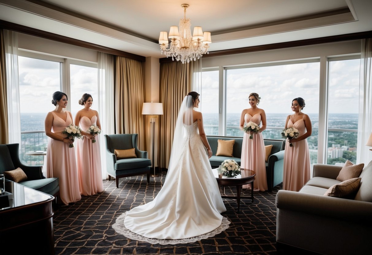 The bride stays in a luxurious hotel suite with her bridesmaids before the wedding, surrounded by elegant furnishings and a breathtaking view