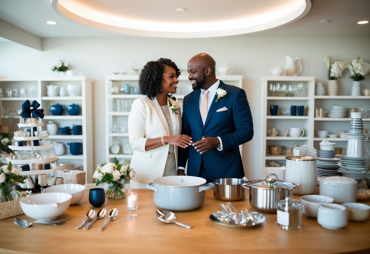 A diverse couple stands together, surrounded by a variety of wedding registry items. They are discussing and carefully selecting items, showing equal consideration for each other's preferences