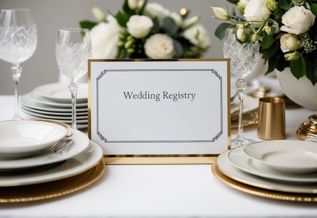 A wedding registry with a blank space for names, surrounded by elegant tableware and home goods