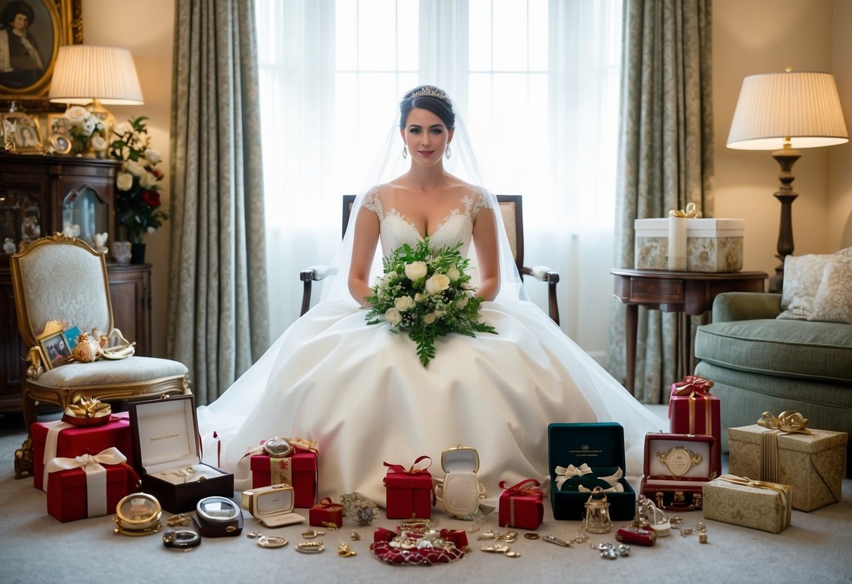 A bride sits surrounded by family heirlooms and wedding gifts, symbolizing the traditions and expectations of her upcoming marriage