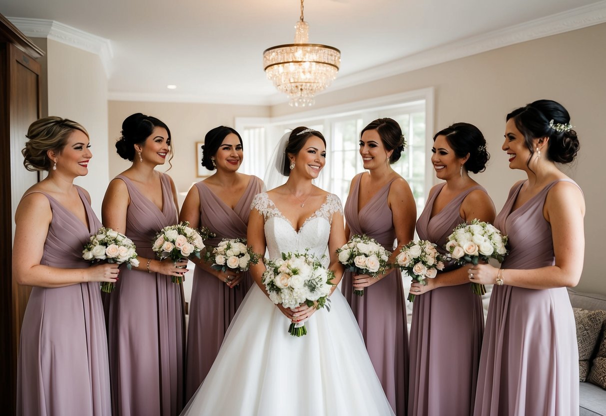 The bride stays with her bridesmaids before the wedding, getting ready and sharing special moments together