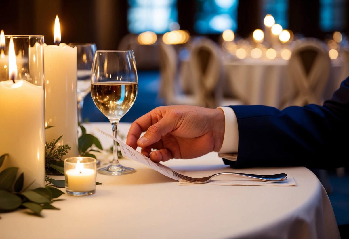 A groom's hand reaches for the check at a candlelit dinner table