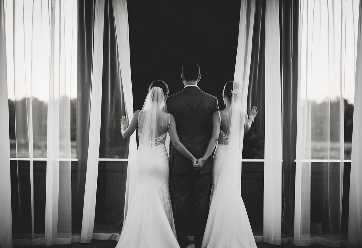 The bride and groom stand back to back, separated by a sheer curtain, each reaching out to touch the fabric as they prepare to exchange vows
