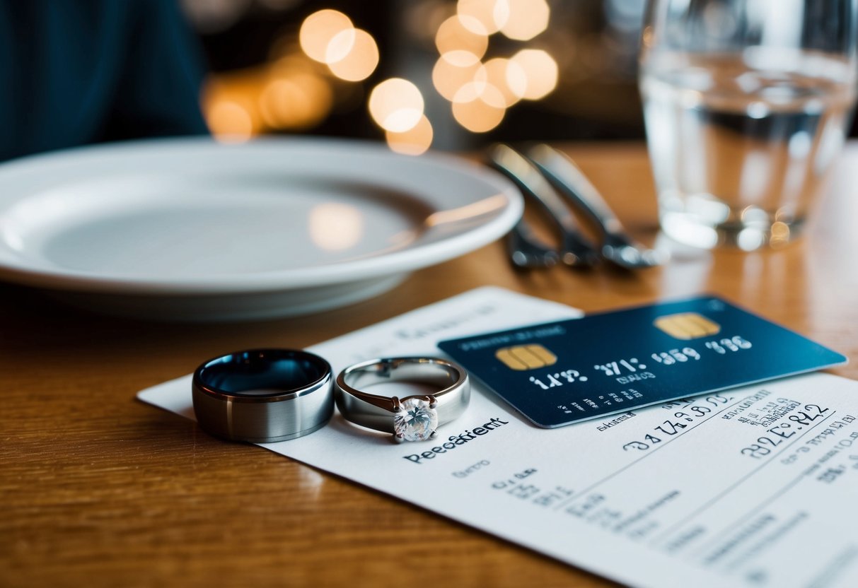 A couple's wedding rings on a restaurant table, next to a bill and two credit cards