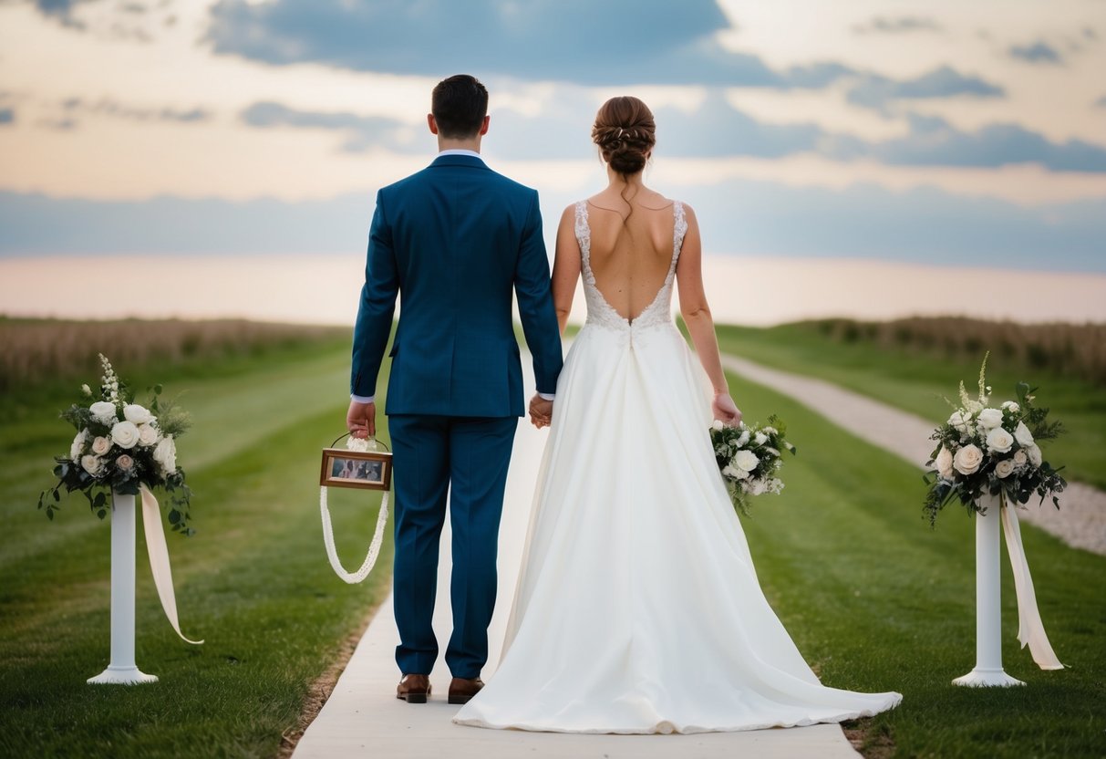 A bride and groom stand back to back, each holding a family heirloom, with a path leading to the ceremony on one side and a path leading away on the other