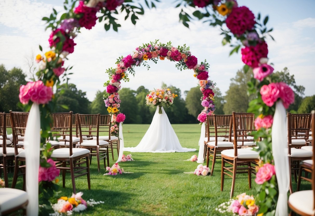 A colorful outdoor wedding ceremony with a flower-covered arch and rows of empty chairs