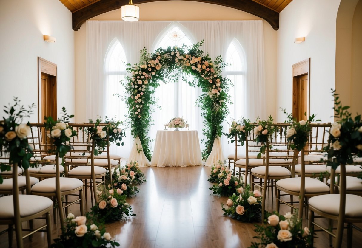 A beautifully decorated wedding venue with flowers, elegant chairs, and a ceremonial archway