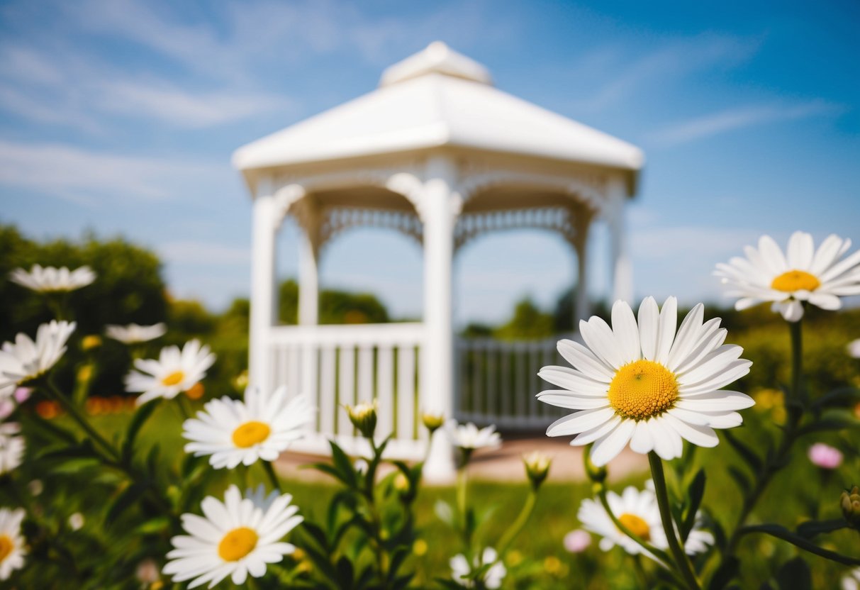 A sunny outdoor wedding in June with blooming flowers and a white gazebo