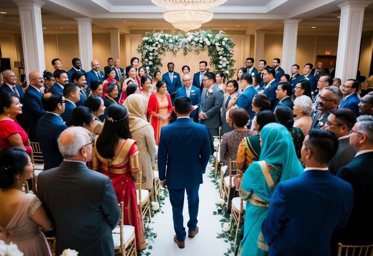 A diverse group of people from different cultural backgrounds gather in a beautifully decorated venue for a wedding ceremony