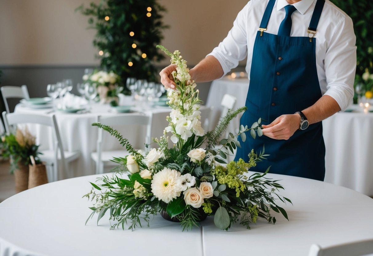 A wedding florist arranges a mockup of a centerpiece with various flowers and greenery on a table
