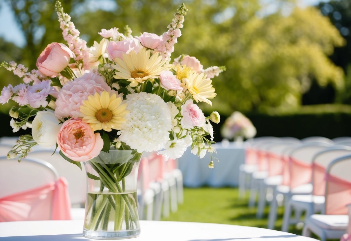 A sunny outdoor wedding in June with blooming flowers and a pastel color scheme