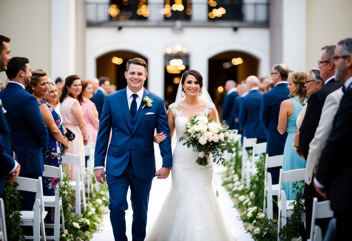 The bride and groom walk down the aisle together