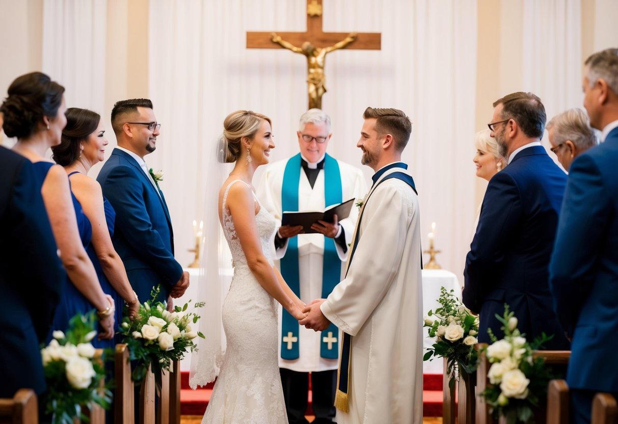 A couple stands at the altar, facing each other as the officiant begins the ceremony