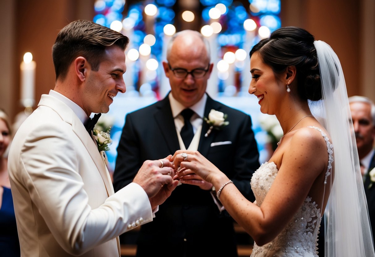 A bride and groom exchange rings at the altar