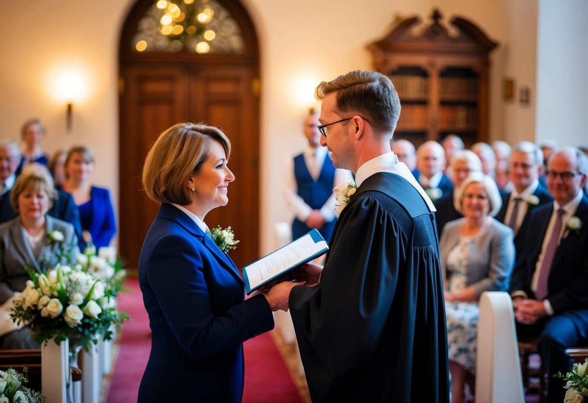 A registrar officiates a wedding ceremony in a traditional UK venue