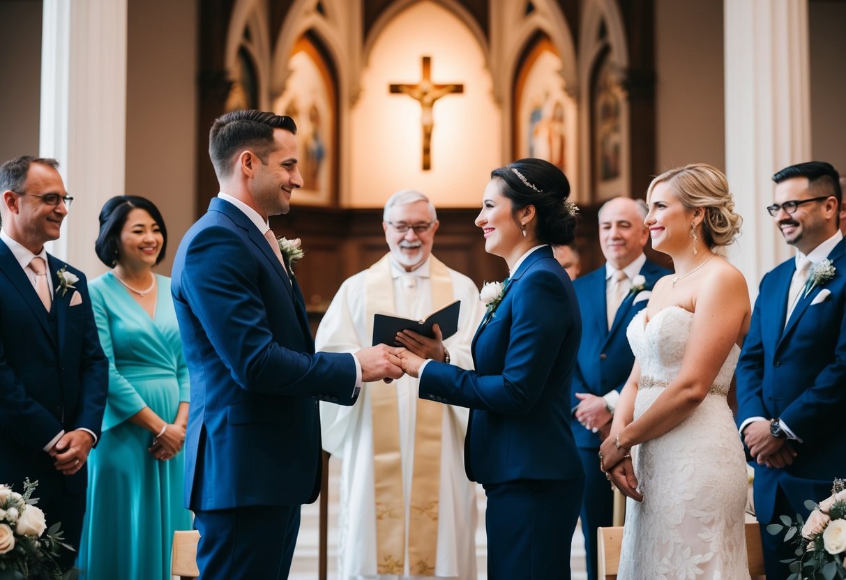 The couple exchanges vows at the altar in front of family and friends