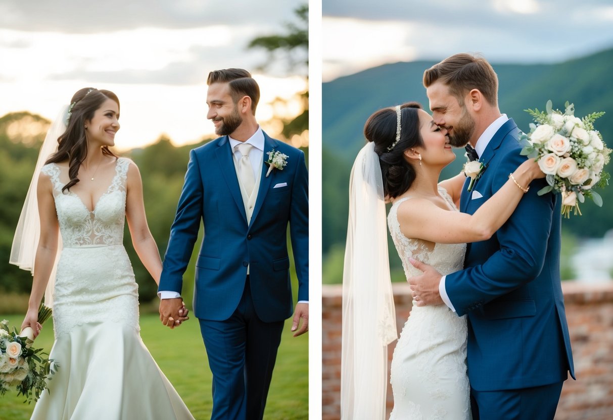 A pre-wedding scene shows a couple holding hands in a romantic setting, while a post-wedding scene depicts the couple embracing in celebration with wedding attire