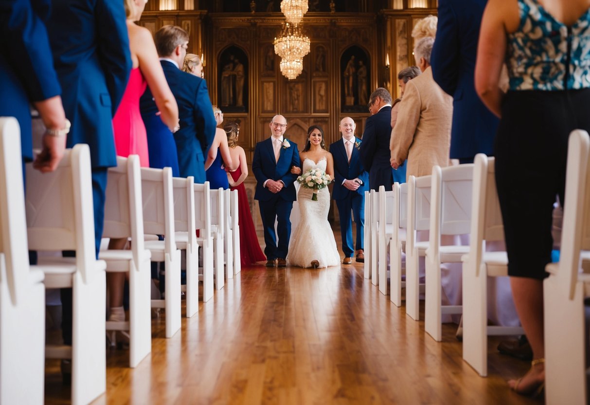A line of figures moves sequentially down the aisle
