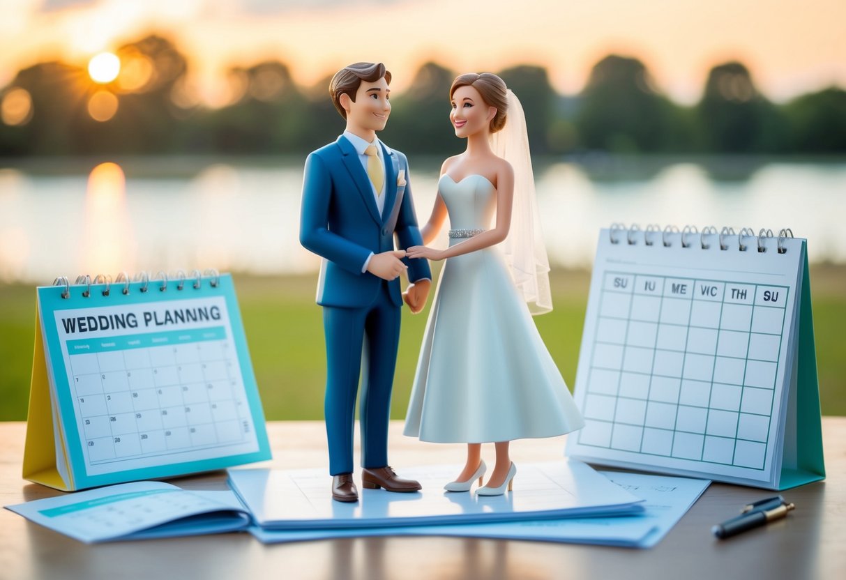 A couple standing together, surrounded by wedding planning materials and a calendar. A clear divide between pre-wedding excitement and post-wedding relaxation